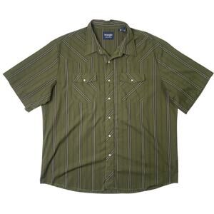 Wrangler Shirt Mens 2XL Army Green Pearl Snap Buttons Striped Pockets Western